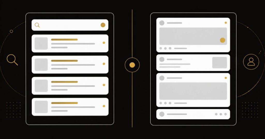 Editorial split-panel visual representing Google Ads vs Facebook Ads