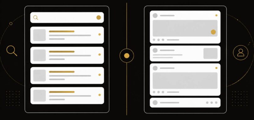 Editorial split-panel visual representing Google Ads vs Facebook Ads