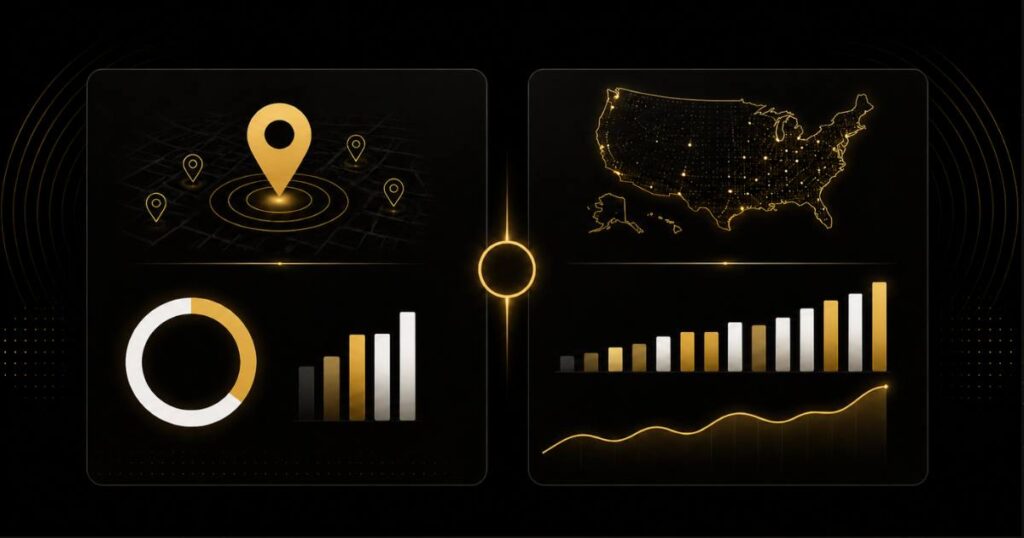 Editorial dashboard comparing local and national search visibility metrics