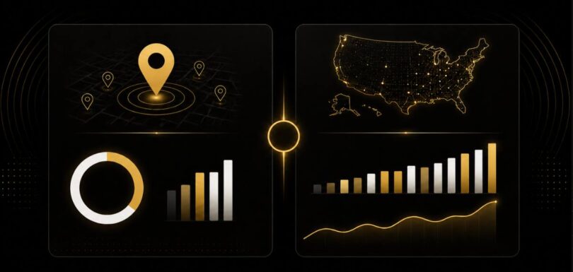 Editorial dashboard comparing local and national search visibility metrics