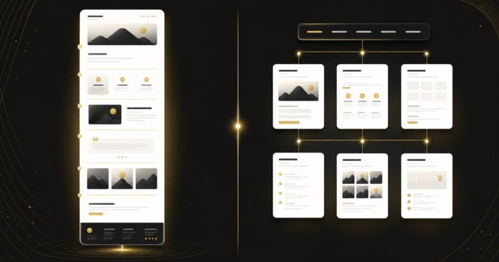 One-page website vs multi-page website abstract layout comparison