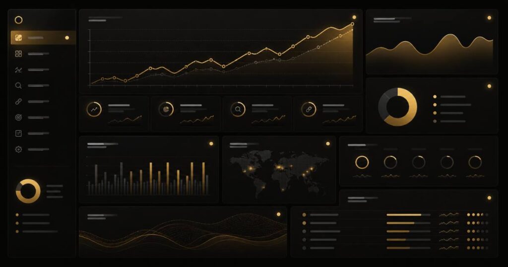A dashboard-style interface displaying website performance metrics and search monitoring data