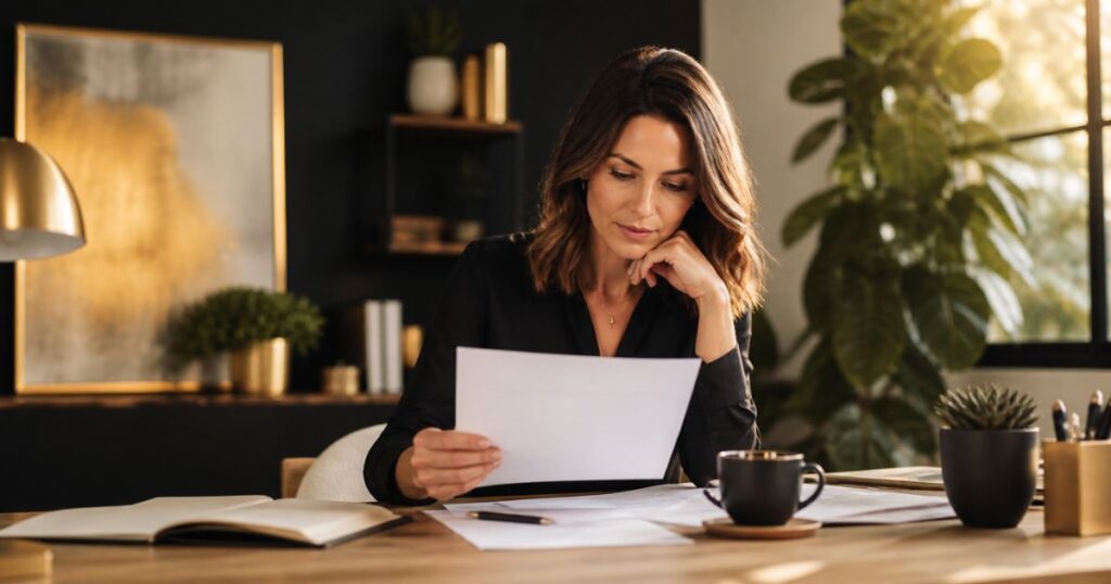 Small business owner reviewing a website cost proposal at a clean desk