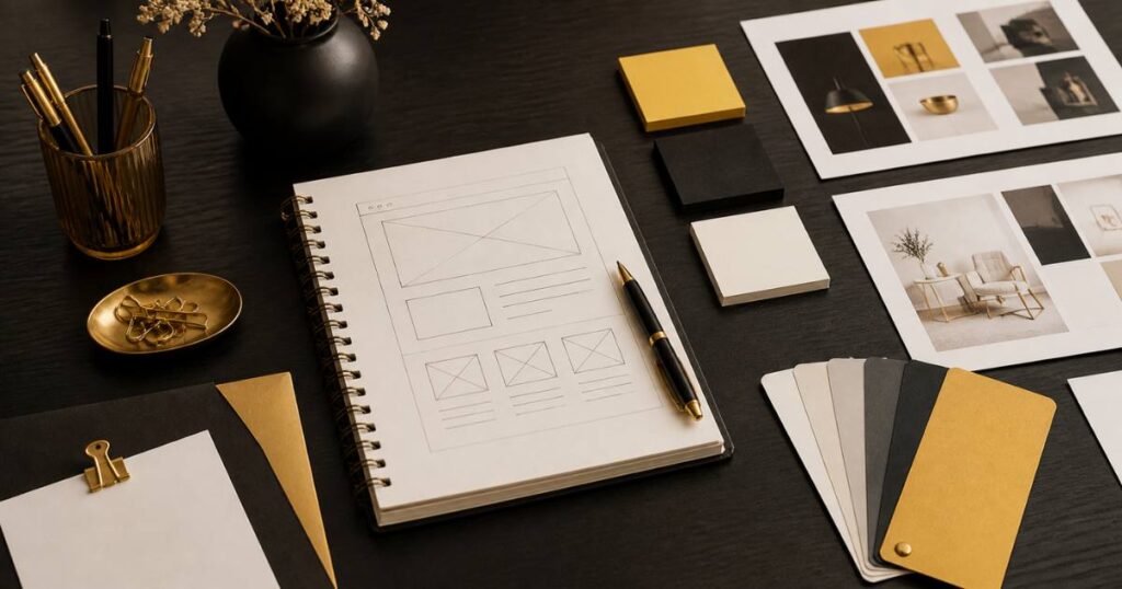 Workspace showing how long does it take to build a website planning materials and notes