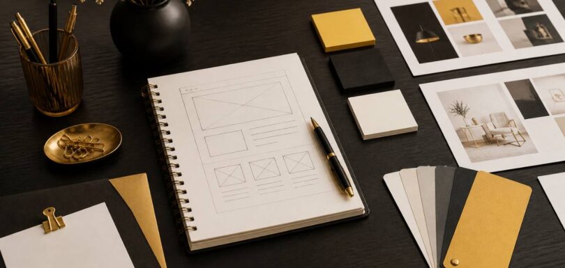 Workspace showing how long does it take to build a website planning materials and notes