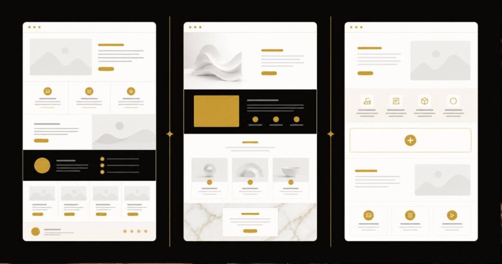 Editorial three-panel visual comparing WordPress vs Squarespace vs Wix layouts