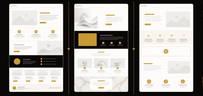 Editorial three-panel visual comparing WordPress vs Squarespace vs Wix layouts