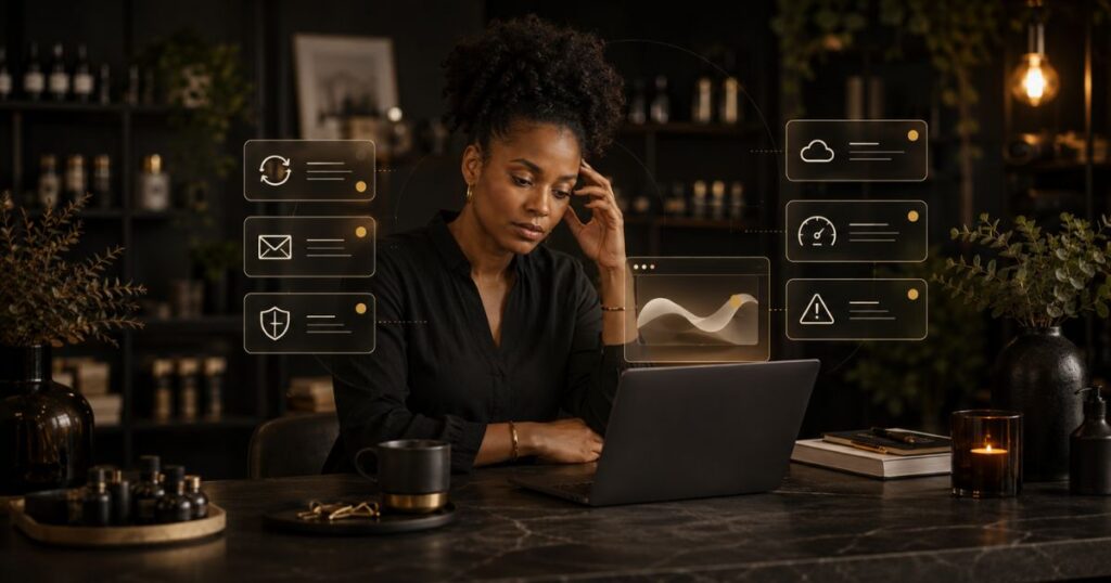 WordPress maintenance for small businesses: an owner keeping the business running while site upkeep waits in the background