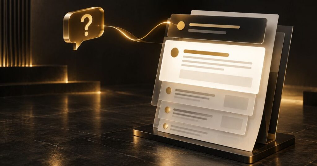 A generic concept visual of a single question turning into a clear answer panel on a web page