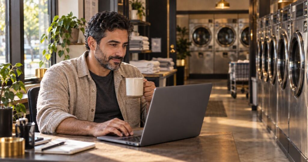 A small business owner doing an unhurried monthly check of their website numbers with a coffee