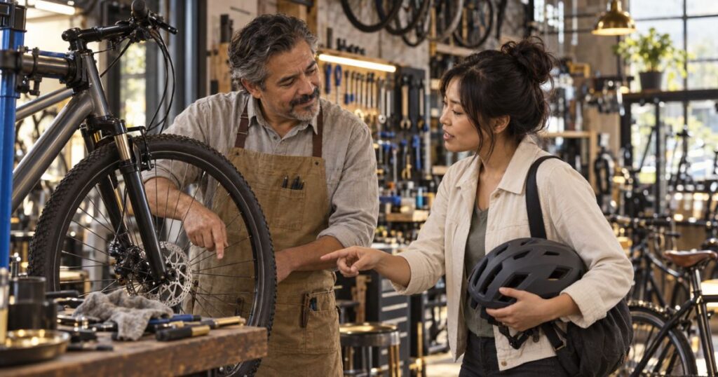 Turn customer questions into content: a shop owner answering a customer's question in person, mid-conversation Title: The question that becomes a page